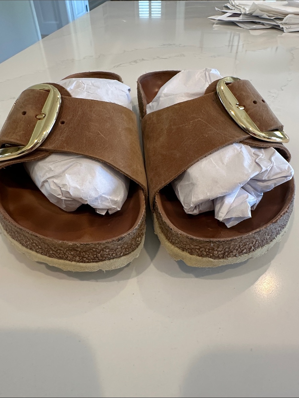 Birkenstock Madrid Big Buckle Cognac Gold Slide Sandals Leather 40 Narrow - Picture 3 of 10